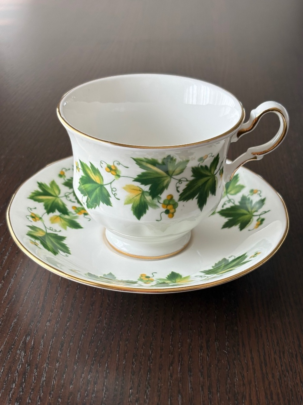 Vintage Queen Anne Bone China Teacup and Saucer Set Green Ivy & Berries